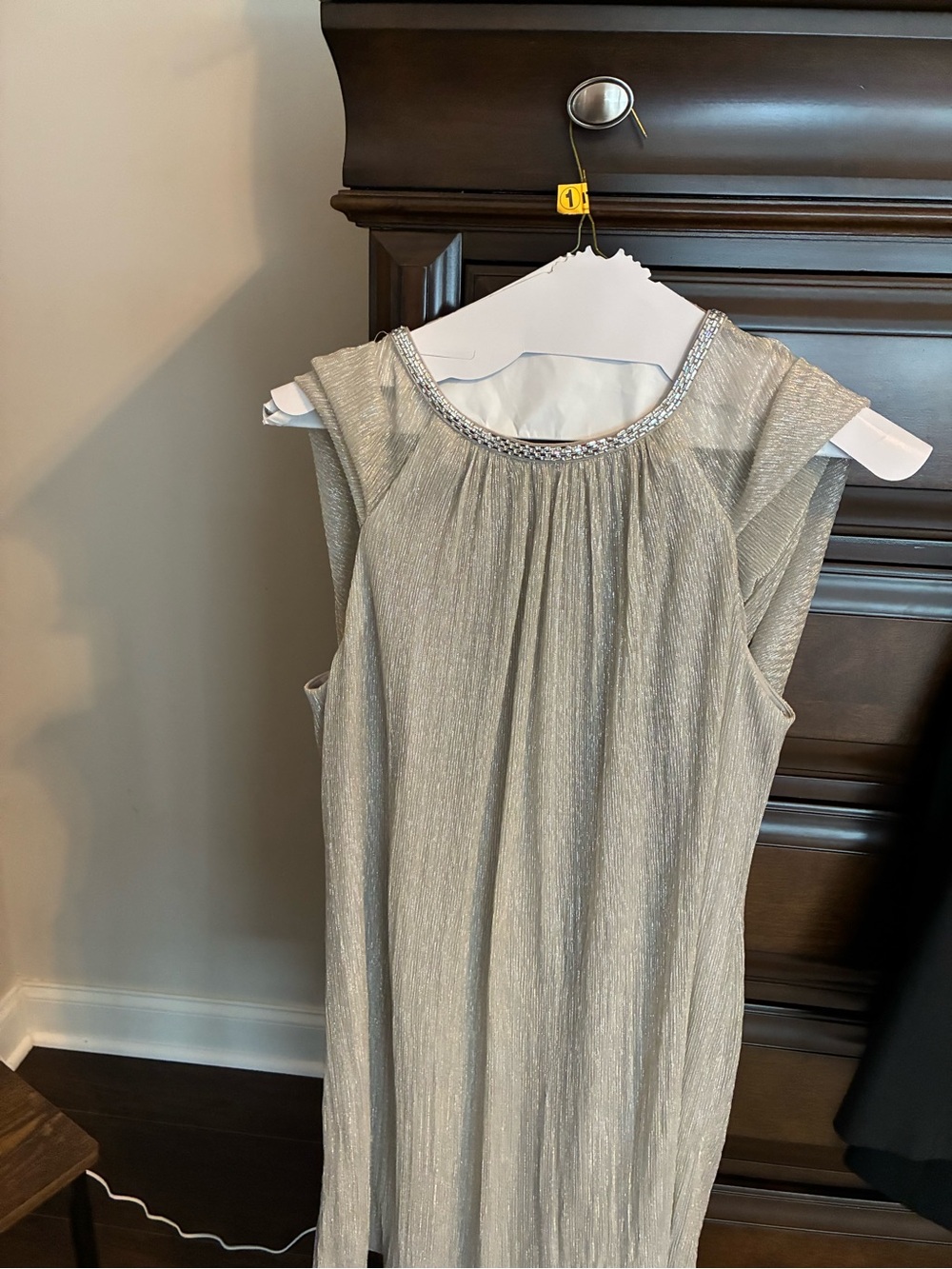 R & M Richards Silver Metallic Pleated Wedding Dress
